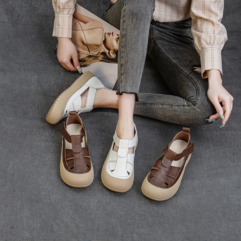 凉鞋女镂空洞洞透气2025夏季新款爆款真皮平底一脚蹬魔术贴妈妈鞋