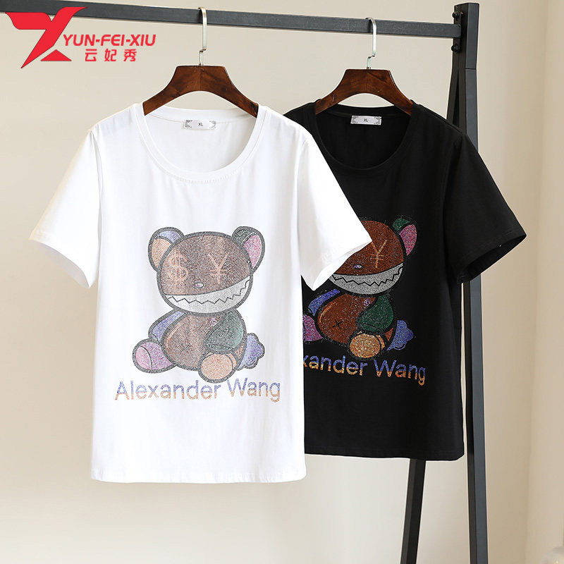 韩版烫钻时尚大码宽松百搭休闲上衣2020夏季新款胖MM显瘦遮肉T恤