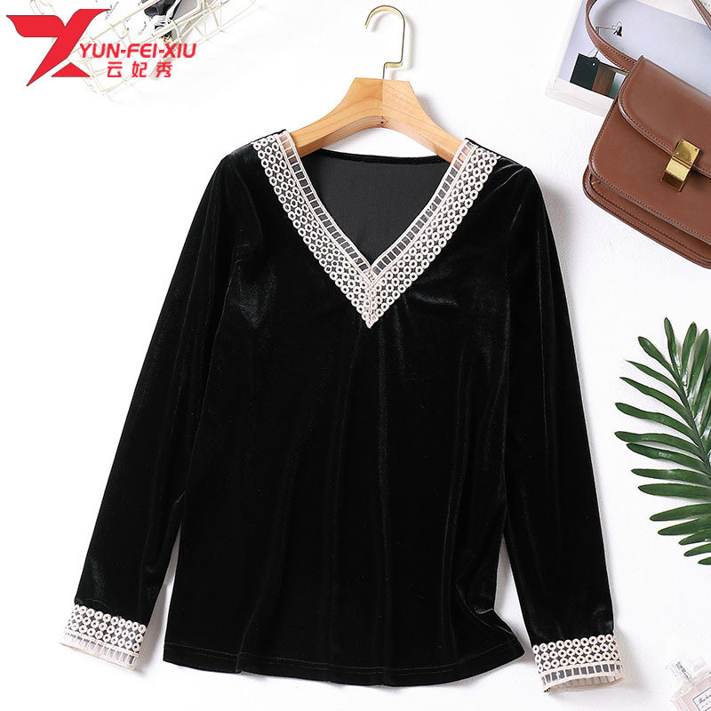 2020秋季新款大码女装韩版时尚宽松百搭休闲V领花边长袖上衣潮款