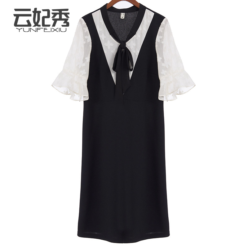 胖mm春夏2020新款宽松显瘦长袖直筒假两件套大码女装遮肚子连衣裙