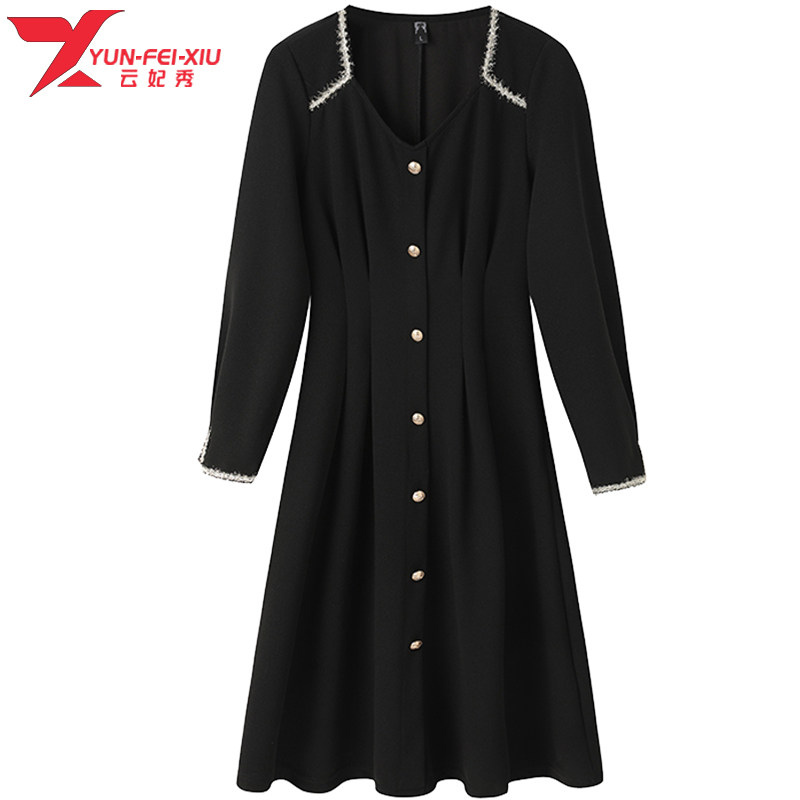 韩版时尚宽松纽扣装饰大码2020秋季拼接V领显瘦遮肉新款连衣裙潮