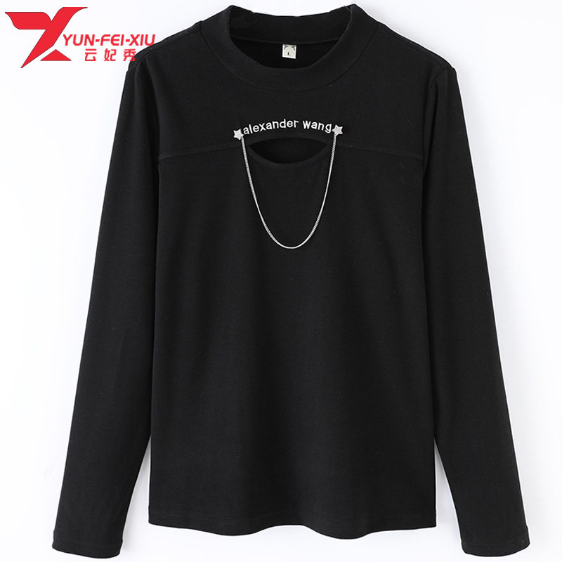 2020秋季新款时尚圆领女装胖MM遮肉韩版镂空宽松百搭链条装饰上衣