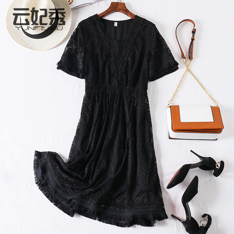 2019夏季新款黑色蕾丝连衣裙胖mm收腰修身显瘦微胖女人洋气遮肉潮