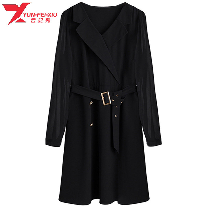 韩版时尚大码雪纺拼接西装领大码女装胖MM显瘦遮肉初秋新款连衣裙