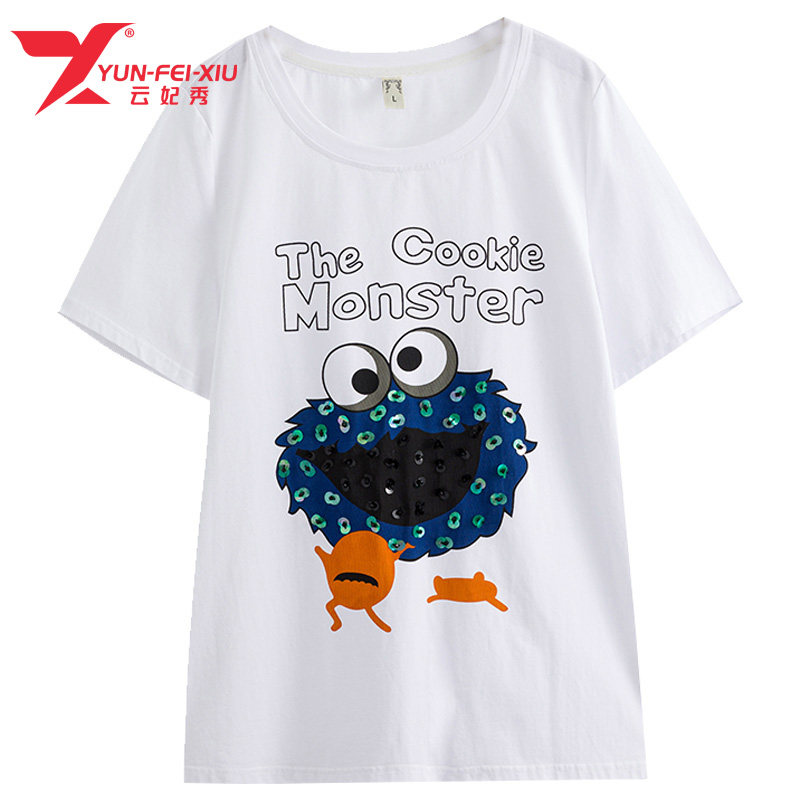 2020夏季新款韩版时尚大码上衣显瘦胖MM圆领印花遮肚宽松百搭T恤