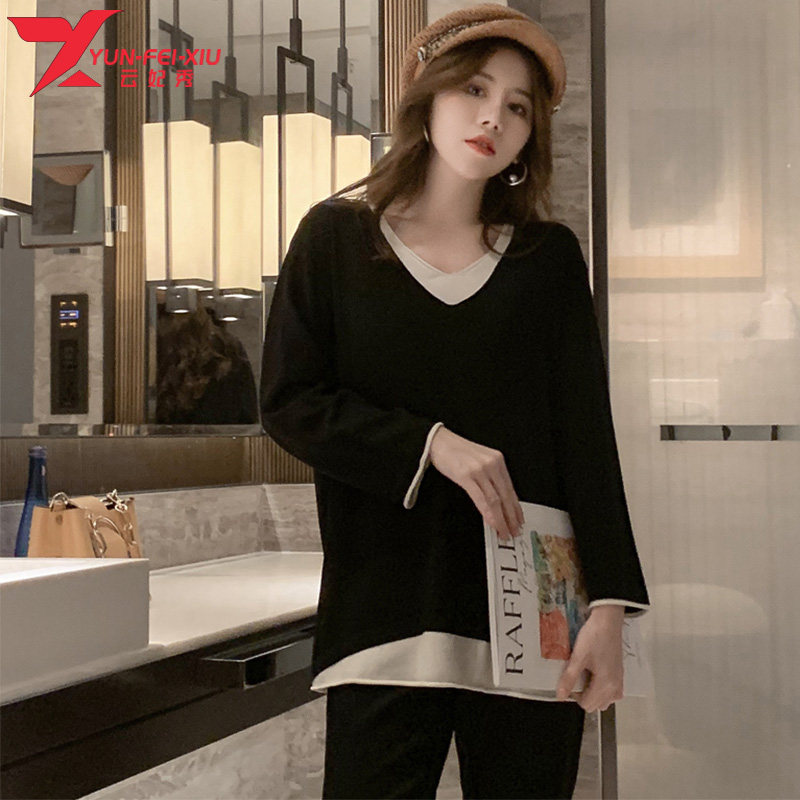 时尚V领大码宽松百搭撞色胖MM显瘦遮肚中长款上衣2020初秋新款潮