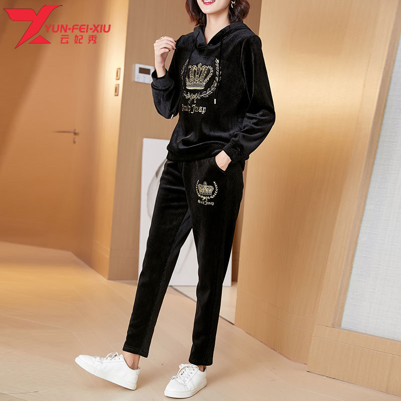 2020秋冬新款大码女装时尚胖MM图案印花连帽卫衣气质显瘦两件套潮