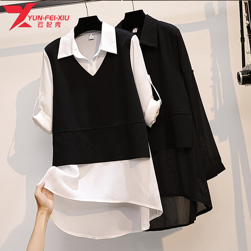 胖MM显瘦时尚简约宽松大码V领纯色韩版洋气上衣2020秋季潮流新款