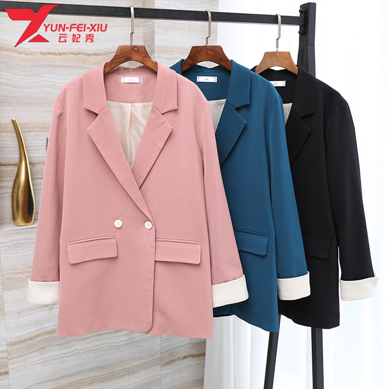 胖MM时尚显瘦韩版百搭遮肚2020秋季新款大码女装袖口撞色西装外套