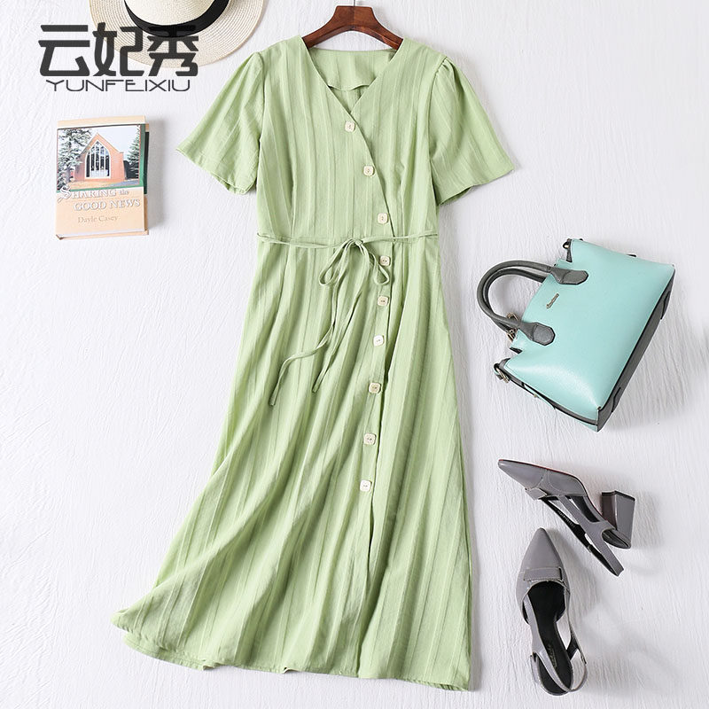 2019夏季新款法式连衣裙胖mm时尚显瘦百搭v领遮肚子减龄长款裙潮