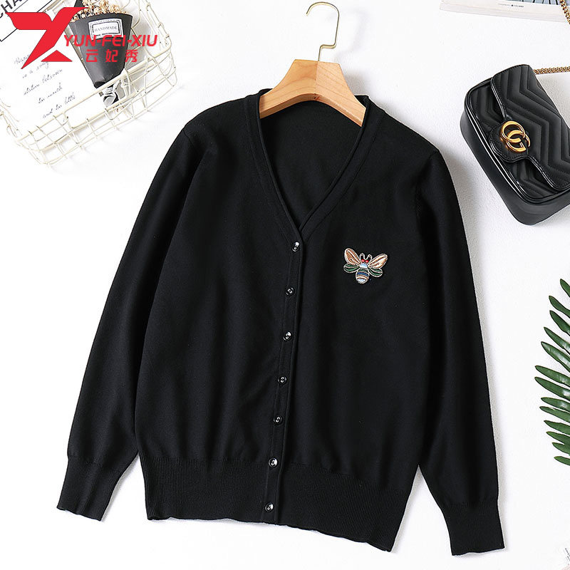 韩版秋季新款时尚百搭小蜜蜂绣花女装上衣MM遮肉宽松休闲潮款开衫