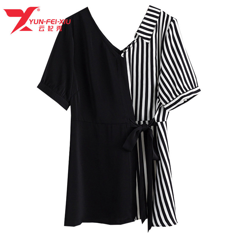 韩版大码撞色V领洋气时尚宽松胖MM百搭显瘦遮肉上衣2020夏季新款