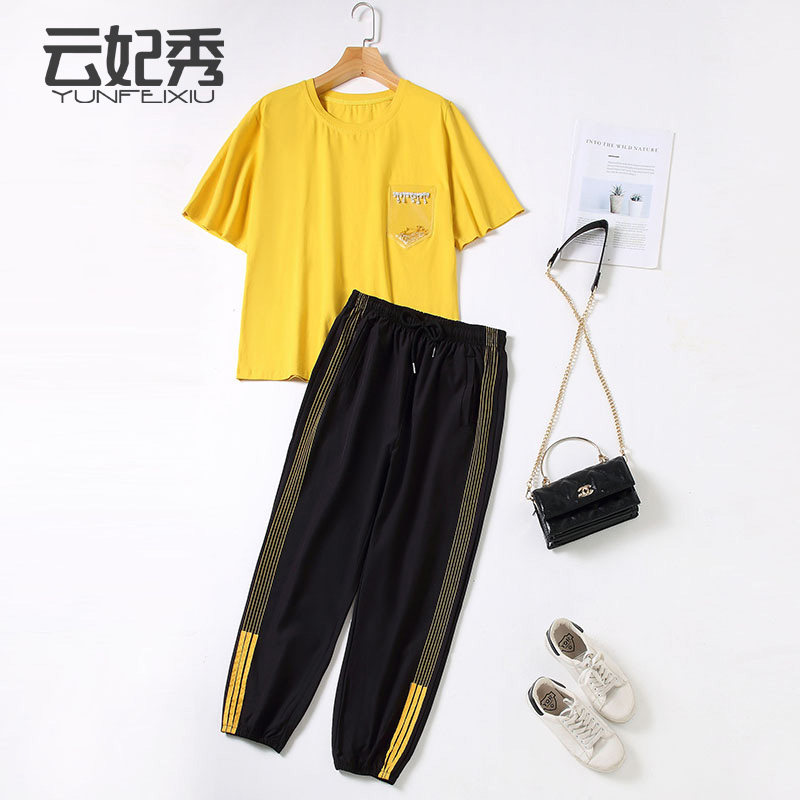 胖MM时尚宽松百搭大码韩版显瘦遮肉上衣+裤子2020夏季新款两件套