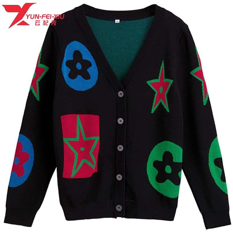 时尚胖MM显瘦2020秋季遮肚韩版宽松百搭潮流花图案休闲针织上衣