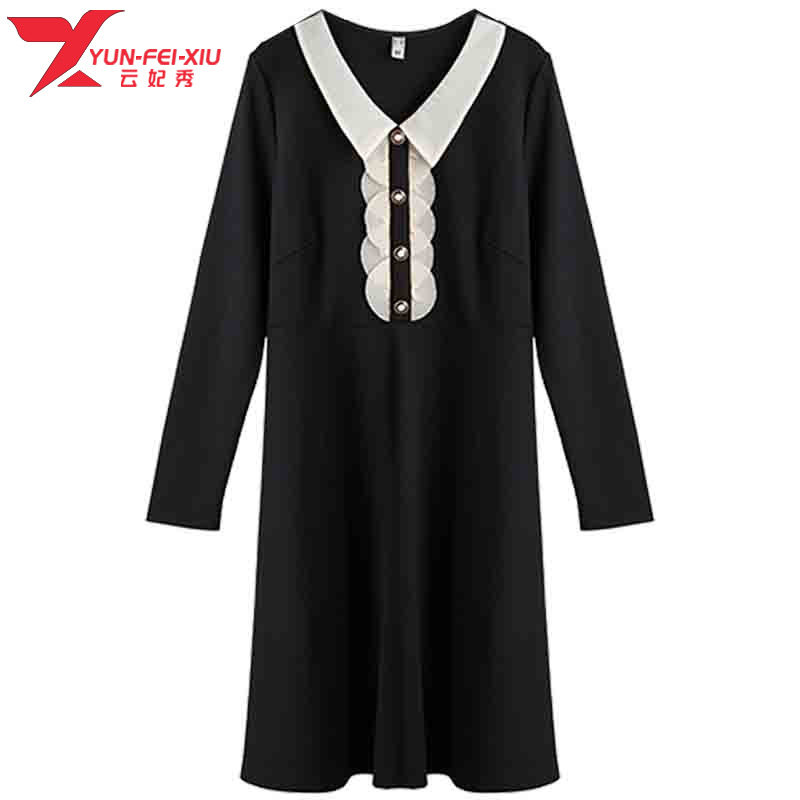 韩版时尚撞色V领2020初秋新款大码女装胖MM显瘦遮肉百搭连衣裙潮