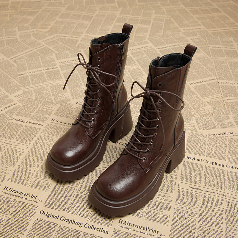 真皮高跟靴子女2025新款秋冬松糕厚底系带马丁靴高级感炸街小短靴,女鞋,马丁靴,淘宝优惠券,粉丝福利购,淘宝优惠卷