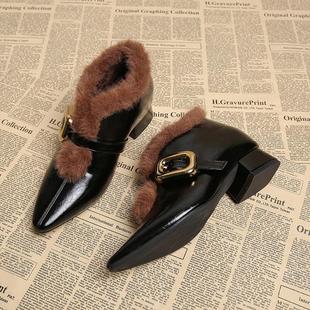 小个子内增高毛毛鞋女2025秋冬新款晚晚风一字扣玛丽珍加绒单鞋女