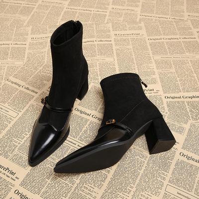 真皮瘦瘦靴尖头高跟短靴女高级感