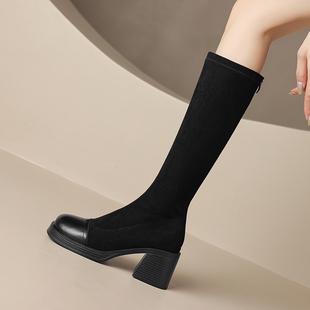 真皮复古长筒靴子女秋冬2024新款高跟厚底小个子显高不过膝骑士靴