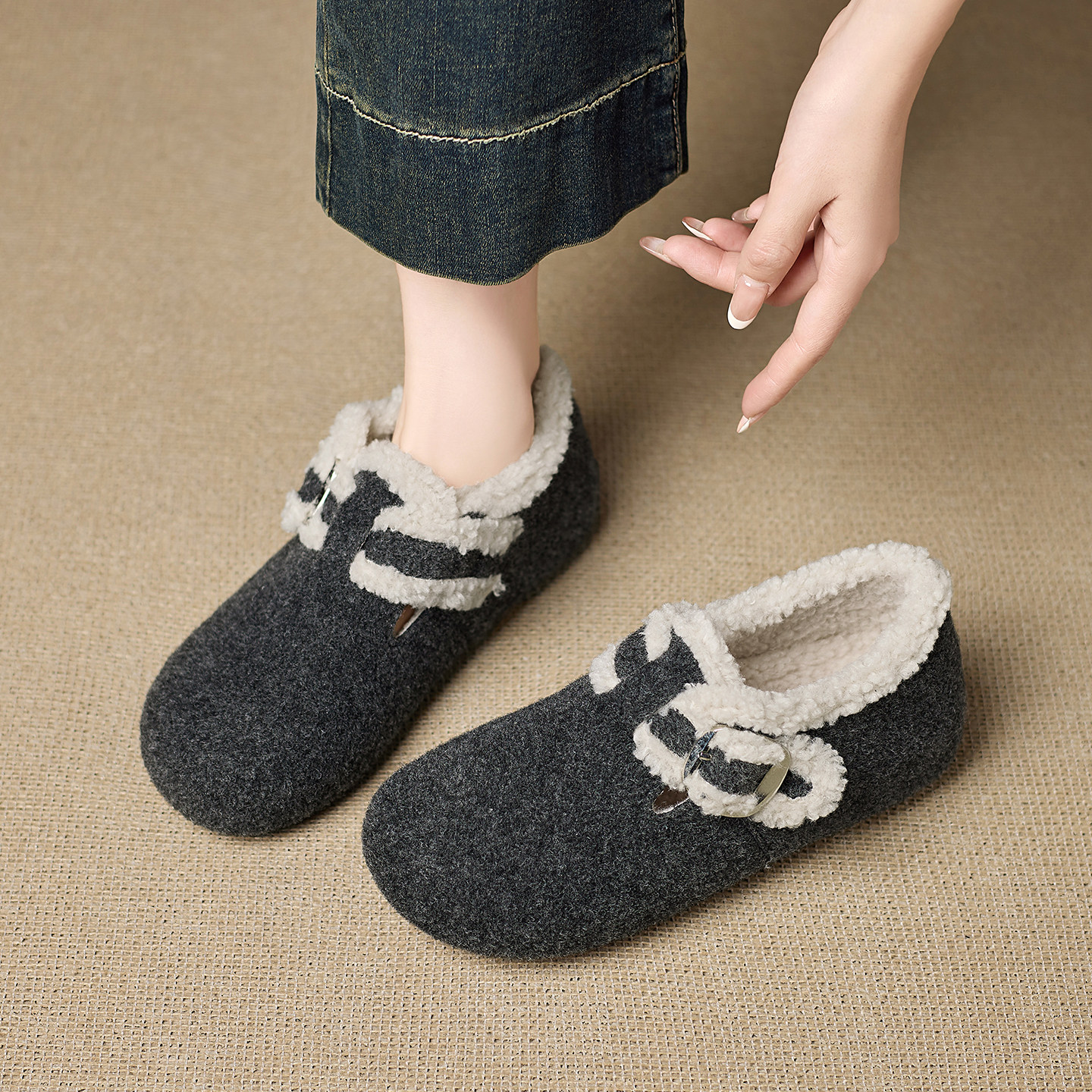 毛绒厚底灰色勃肯鞋新款爆款内增高一脚蹬毛毛鞋冬季加绒大码棉鞋