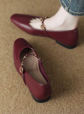 真皮玛丽珍绝美单鞋女2026新款春夏浅口平底芭蕾风软底红色晚晚鞋