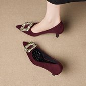 气质红色高跟鞋 女不累脚尖头浅口 复古细跟单鞋 巨好看2026春款 法式