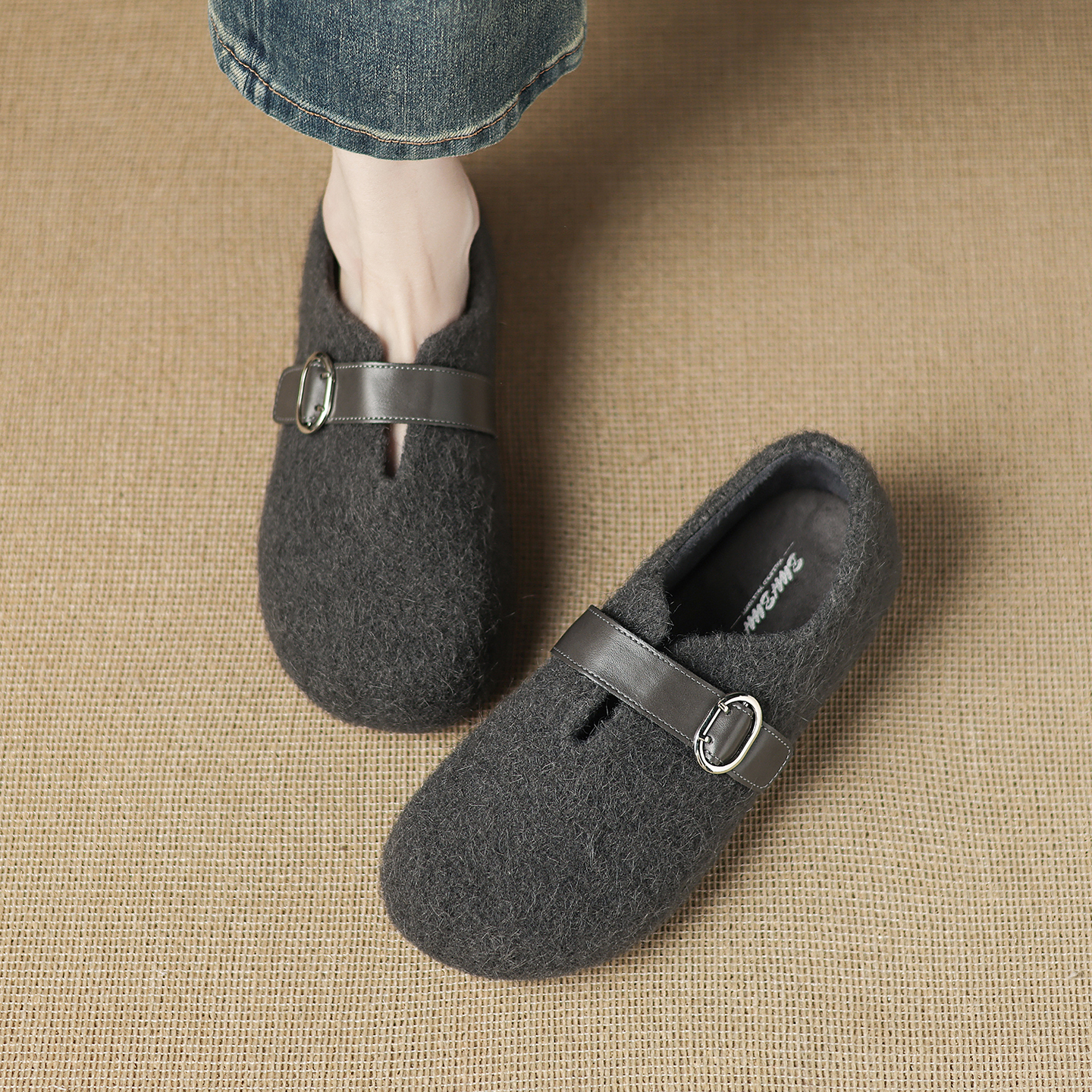 勃肯鞋女秋冬加绒玛丽珍毛毛单鞋