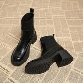 真皮袜靴女2025新款 秋冬高跟鞋 厚底短靴女瘦瘦靴配裙子复古小踝靴