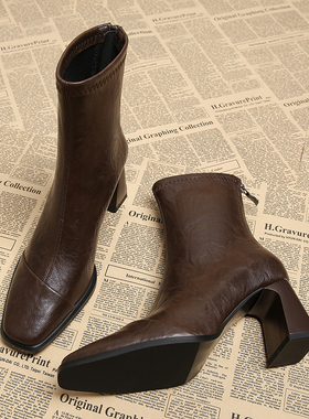真皮法式粗跟棕色小短靴2025早秋新款设计感靴子复古美拉德瘦瘦靴