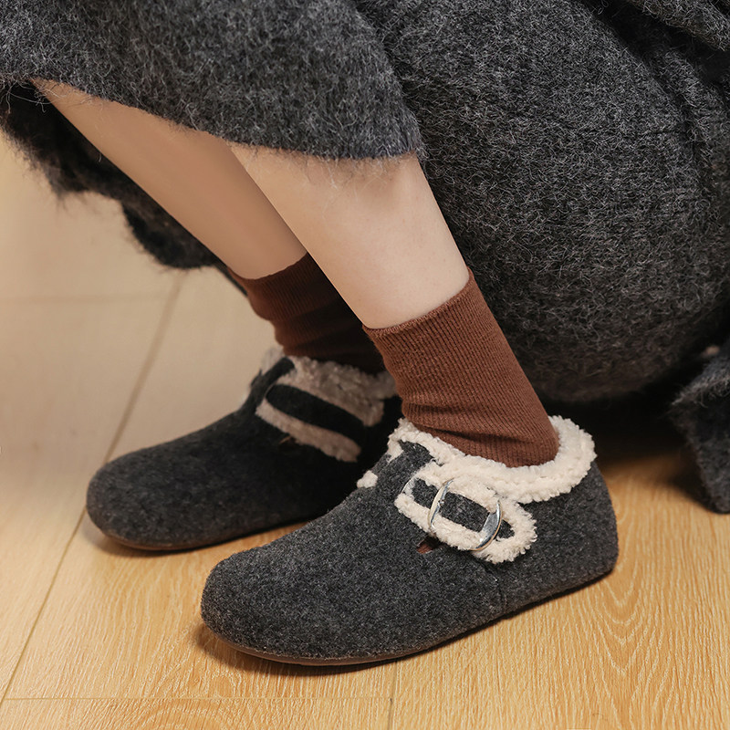 超好看百搭博肯鞋女冬加绒毛毛鞋
