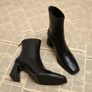 羊皮高跟靴子女秋冬2025新款爆款短靴女瘦瘦靴配阔腿裤洋气小踝靴