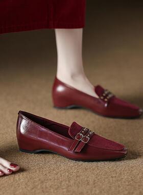 内增高复古单鞋女2026早春新款坡跟小皮鞋配裙浅口晚晚鞋红色婚鞋