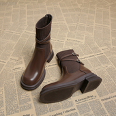 棕色袜靴女秋2025新款 巨好看马丁短靴女超火瘦瘦靴粗跟韩系小踝靴