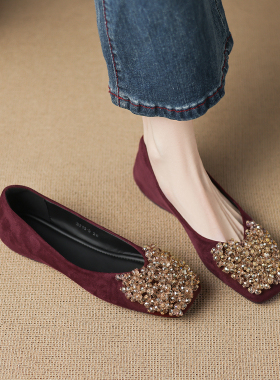 羊皮版气质浅口单鞋女2026春季新款爆款巨好看红色婚鞋水钻平底鞋