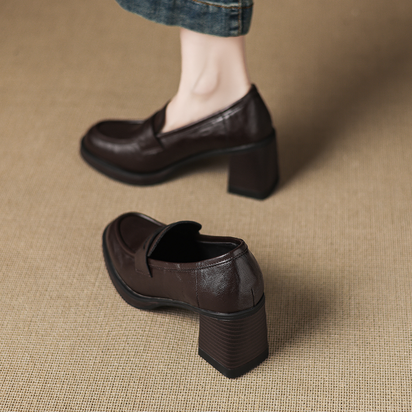 高跟小皮鞋女秋冬单鞋女乐福鞋