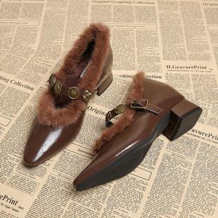 复古尖头单鞋女2025秋冬新款内增高毛毛鞋玛丽珍加绒保暖高跟女鞋