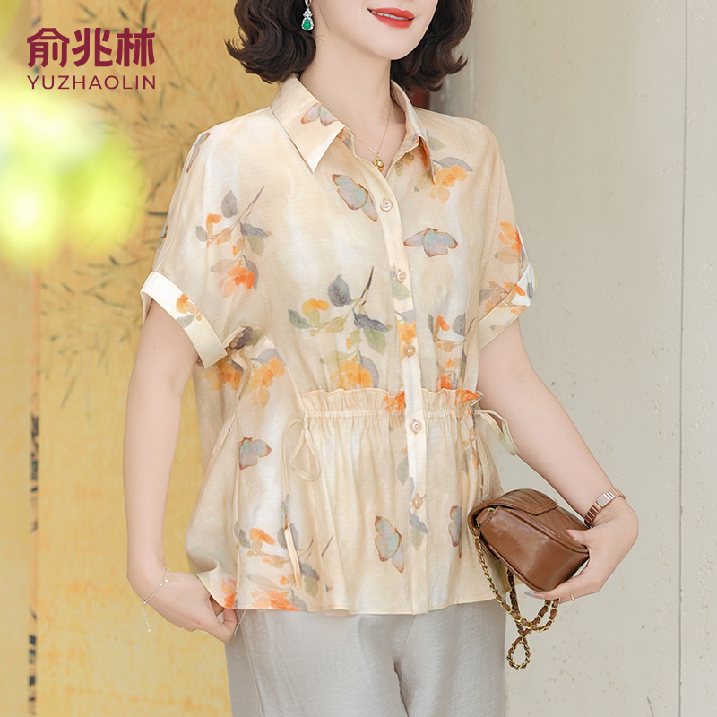 俞兆林妈妈夏装2025新款T恤中老年短袖小衫洋气翻领夏季雪纺上衣