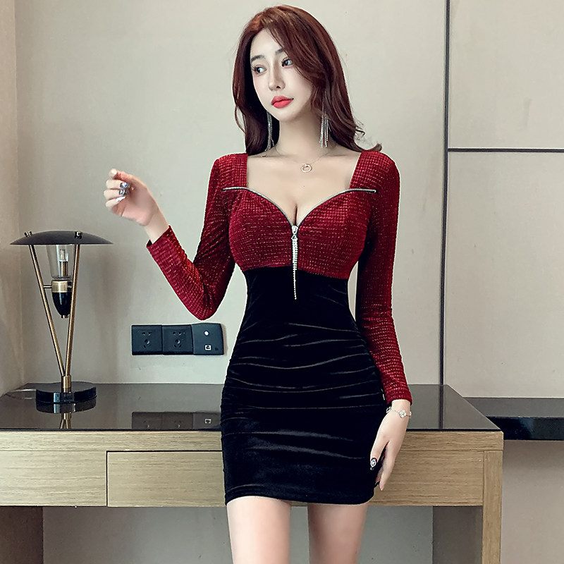 夜总店丝绒连衣裙女长袖包臀裙性感低胸夜总会工作服夜场上班衣服