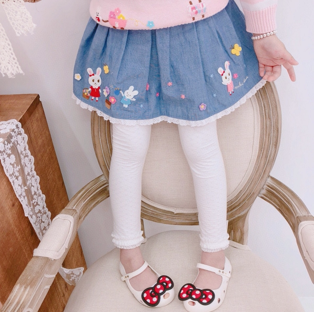 新款春夏女童宝宝女宝裙裤打底长裤小兔子刺绣花边公主蕾丝打底裤