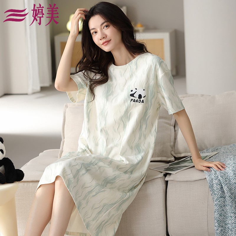 婷美睡裙女款夏季薄款纯棉短袖睡衣夏天全棉过膝女士休闲中长裙