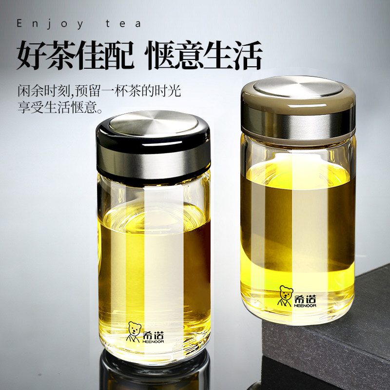 希诺玻璃杯男女便携单层加厚透明杯子家用办公水杯带盖耐热泡茶杯