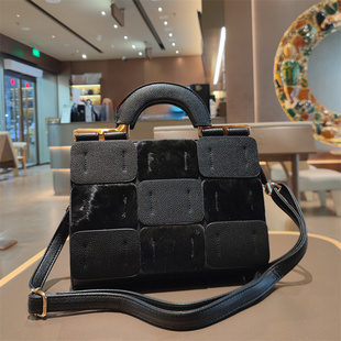 简约拼接真皮马毛女包手提包时尚百搭休闲气质高级软皮单肩戴妃包