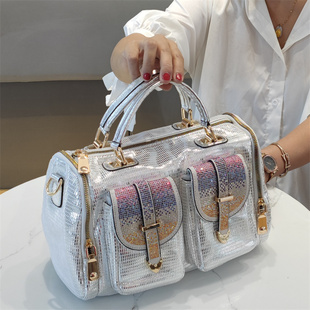 2025真皮手提包欧美新款时尚百搭波士顿女士斜挎包亮片单肩大容量