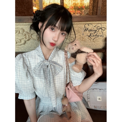 honeyrubao氧气日杂感少女蝴蝶结泡泡袖日系甜美连衣裙