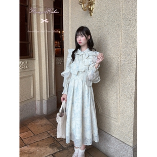 honeyrubao水墨画清楚系打揽荷叶边长裙连衣裙