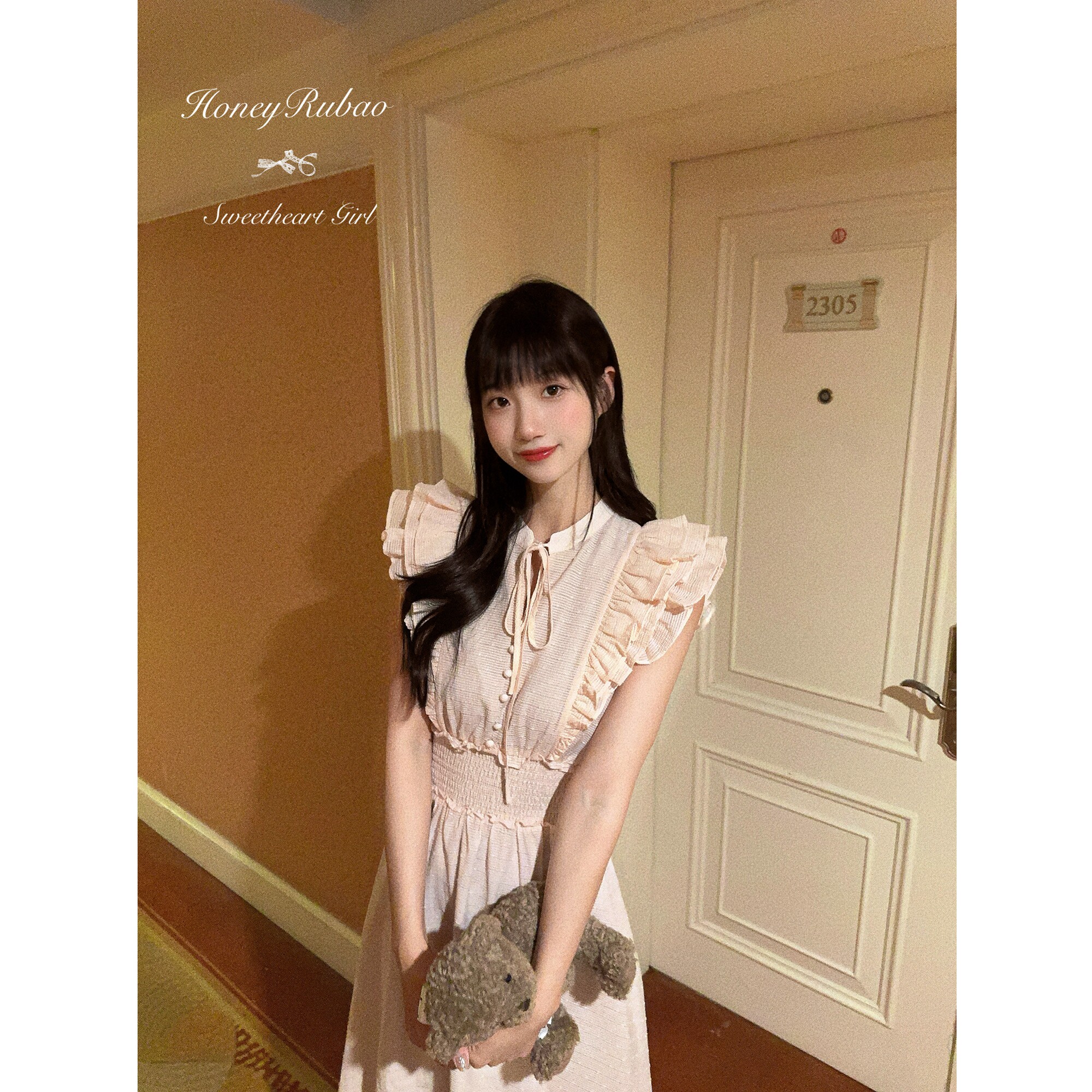 honeyrubao俏皮感温柔肉肉粉飞飞袖高腰温柔日系约会掐腰连衣裙