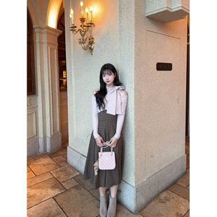 honeyrubao恋恋玛奇朵日系少女蝴蝶结绑带高腰格纹连衣裙