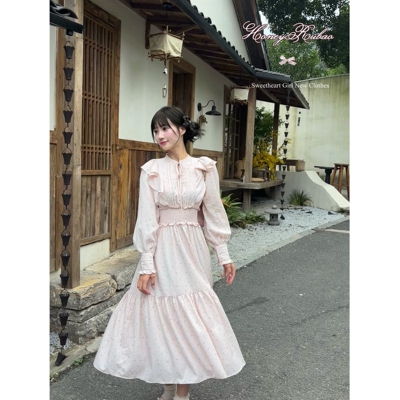 honeyrubao樱花妹妹少女感日系温柔约会长裙打揽掐腰显瘦连衣裙