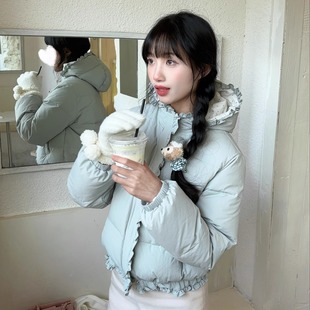 honeyrubao奶奶薄荷蓝日系少女花边波点羽绒服