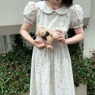 honeyrubao小莉猫猫碎花撞色纯棉娃娃领连衣裙